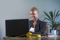 Corporate portrait of young happy and successful black afro American business woman working at modern office smiling cheerful havi Royalty Free Stock Photo