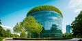 Corporate round building, Eco-friendly building in modern city. Green tree and sustainable glass building for reduce. Royalty Free Stock Photo