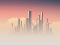 Corporate skyline with high rise skyscrapers in morning sunrise haze, pink and purple sky background. Business cityscape Royalty Free Stock Photo