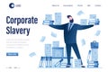 Corporate slavery, landing page template. Huge heap of paper files, folders. Sad overworked businessman