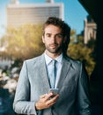 Corporate, smile and portrait of businessman with smartphone for networking, reading email or news. Lens flare Royalty Free Stock Photo