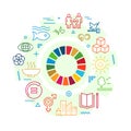 Corporate social responsibility word banner. Sustainable Development Goals. SDG signs. Infographics with linear icons on Royalty Free Stock Photo