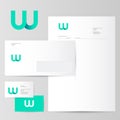 W logo. W azure letter monogram and Identity. Corporate style, envelope, letterhead, business card, pens.