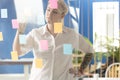Corporate woman placing sticky notes