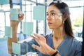 Corporate woman, sticky notes and glass board for planning, brainstorming and strategy at modern office. Marketing Royalty Free Stock Photo