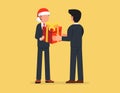 Corporate worker Christmas and New Year congratulations. Business man boss in Santa Claus hat gift box to employees