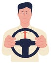 Corporate worker with steering wheel. Driving young man