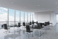 Corporate workplaces equipped by modern laptops in a modern panoramic office in New York City.