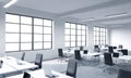 Corporate workplaces equipped by modern laptops in a modern panoramic office with white windows. Black leather chairs and white ta