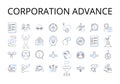 Corporation advance line icons collection. Company boost, Agency progress, Organization improvement, Business growth