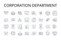 Corporation department line icons collection. Executive suite, Agency division, Government branch, Judicial chamber