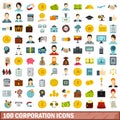 100 corporation icons set, flat style