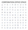 Corporation office space outline icons collection. Corporate, Office, Space, Facility, Rent, Lease, Room vector