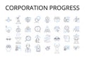Corporation progress line icons collection. Business expansion, Company development, Enterprise growth, Organization