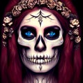 Corpse bride with sugar skull face decorated for halloween