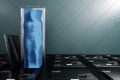 A corpse covered with a blue cloth on a refrigerator table in a morgue. Concept of death, funeral, autopsy, ritual services. 3D