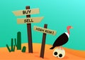 Corpse investor in desert with signpost, vulture