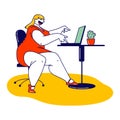 Corpulent Woman in Short Red Dress Sitting at Office Desk Working on Laptop. Cheerful Confident Plus Size