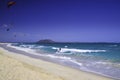 Corralejo beach with curved white sand, turquoise water and multiple kitesurfers with bright kites