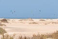 Corralejo Beach Kitesurf Spot Fuerteventura , many kitesurfers in the ocean Royalty Free Stock Photo