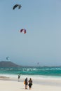 Unknown kitesurfers on a beach in Corralejo, Fuerteventura, Canary islands, Spain