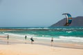 Unknown kitesurfers on a beach in Corralejo, Fuerteventura, Canary islands, Spain