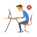 Correct body alignment in sitting working with computer. Wrong posture cause office syndrome and back pain. Vector Royalty Free Stock Photo