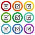 Correct, check box vector icons, set of colorful flat design buttons for webdesign and mobile applications Royalty Free Stock Photo