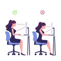 Correct good position vs bad incorrect posture for sitting at computer desk flat style illustration Royalty Free Stock Photo