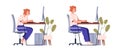 Correct good position vs bad incorrect posture for sitting at computer desk. Right and wrong back and neck poses of