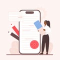Correct grammar errors, edit text, proofreading in mobile app by woman with eraser Royalty Free Stock Photo