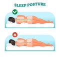 Correct and healthy sleeping posture for your neck and spine, vector illustration. Royalty Free Stock Photo