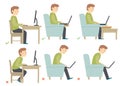 Correct and Incorrect Activities Posture in Daily Routine - Sitting and Working with a Computer. Man haracter.