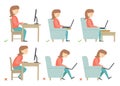 Correct and Incorrect Activities Posture in Daily Routine - Sitting and Working with a Computer. Woman character.