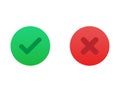 Correct or incorrect icon. Right or wrong answer in green and red gradient colors. Ok and no cross checkmark. Positive and