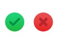 Correct or incorrect icon. Right or wrong answer in green and red gradient colors. Ok and no cross checkmark. Positive and