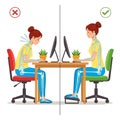Correct and incorrect posture for sitting at a computer desk isolated on transparent background Royalty Free Stock Photo