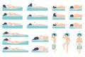 Correct and incorrect posture of spine during sleep set. Men and women sleeping in different poses cartoon vector Royalty Free Stock Photo