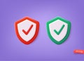 Correct, incorrect sign. Right and wrong mark icon set. Green tick and red cross on a shield. 3D Web Vector Illustrations