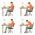 Correct and incorrect sitting position, reading