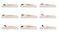 Correct and incorrect sleeping body posture. Healthy sleeping position spine in various mattresses and pillow. Caring Royalty Free Stock Photo