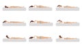 Correct and incorrect sleeping body posture. Healthy sleeping position spine in various mattresses and pillow. Caring Royalty Free Stock Photo