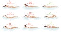 Correct and incorrect sleeping body posture. Position spine in various mattresses. Orthopedic mattress and pillow