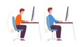 Correct posture computer. Ergonomic seat office workstation, character sit in proper pose at desk on chair, instruction Royalty Free Stock Photo