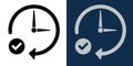 Correct time icon. Time management icon. Clock with arrow and checkmark symbolizing completed tasks, scheduling, and