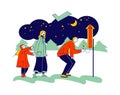 Correct Way to Set off Fireworks. Happy Family Characters Mother and Child Stand on Distance Look Father Burning Petard