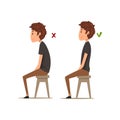 Correct and worst positions for sitting, boy sitting on the chair, sitting posture vector Illustration on a white Royalty Free Stock Photo
