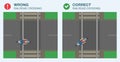 Correct and wrong railroad crossing by motorcycle. Top view of a biker crossing on level crossing.