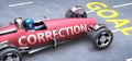 Correction helps reaching goals, pictured as a race car with a phrase Correction on a track as a metaphor of Correction playing