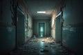 Corridor in abandoned hospital, scary underground passage in old building, generative AI